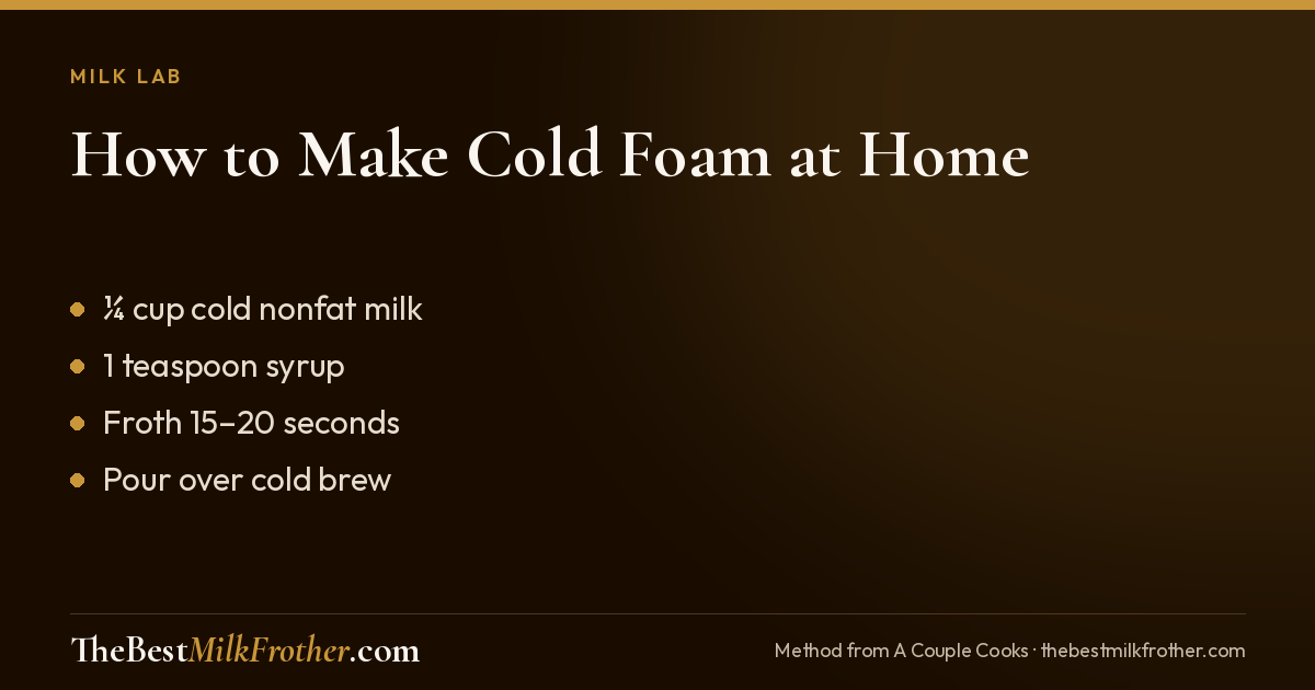 How to make cold foam at home: cold nonfat milk, a little syrup, 20 seconds with a frother.